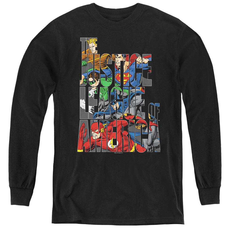 Justice League Lettered League Long Sleeve Kids Youth T Shirt Black