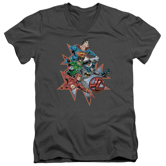 Justice League Starburst Mens Slim Fit V-Neck T Shirt Charcoal