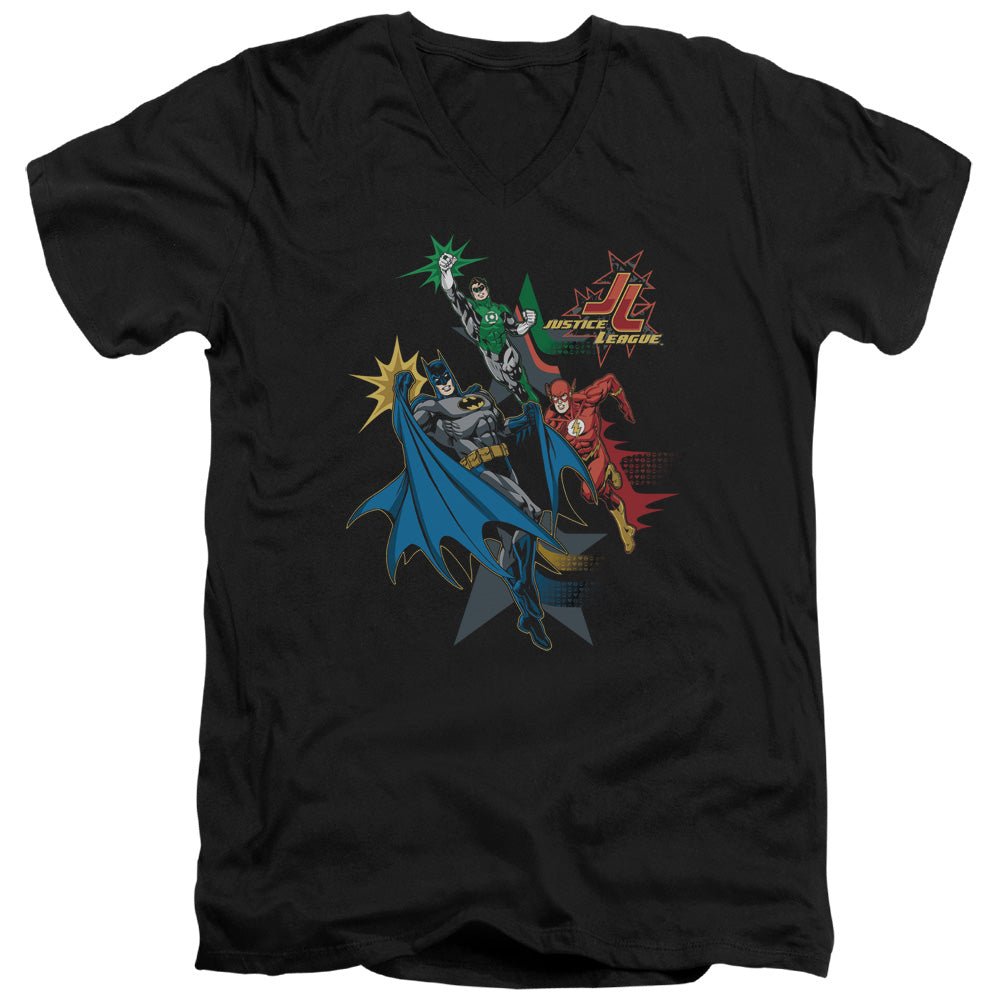 Justice League Action Stars Mens Slim Fit V-Neck T Shirt Black