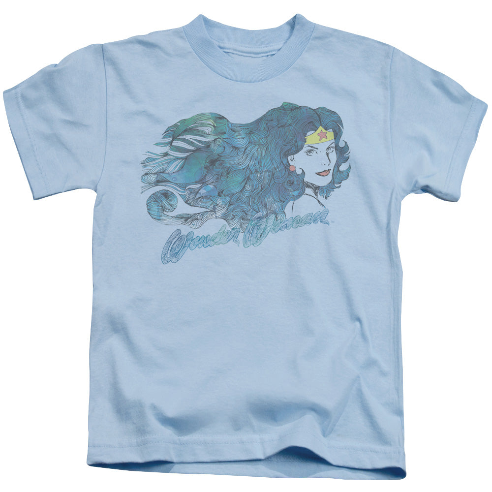 Justice League Watercolor Hair Juvenile Kids Youth T Shirt Light Blue