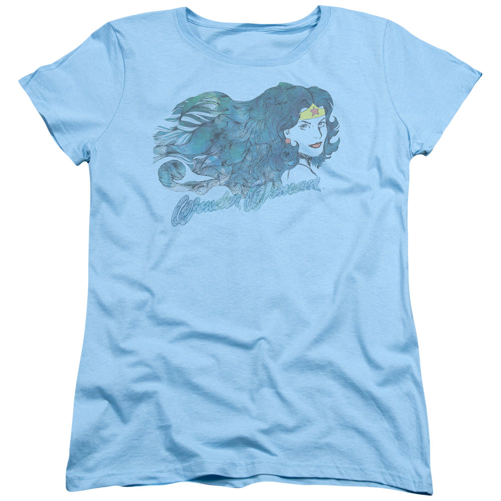 Justice League Watercolor Hair Womens T Shirt Light Blue
