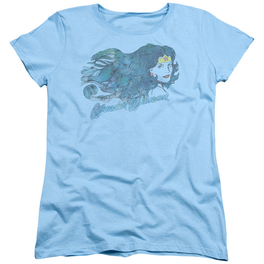 Justice League Watercolor Hair Womens T Shirt Light Blue