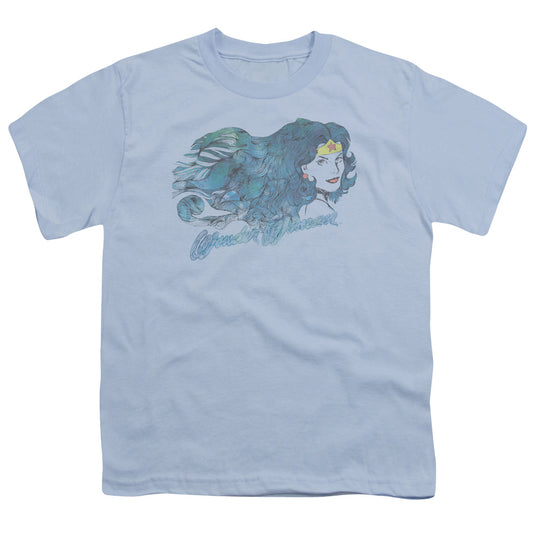 Justice League Watercolor Hair Kids Youth T Shirt Light Blue