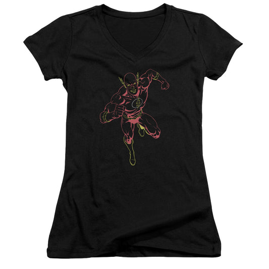 Justice League Neon Flash Junior Sheer Cap Sleeve V-Neck Womens T Shirt Black