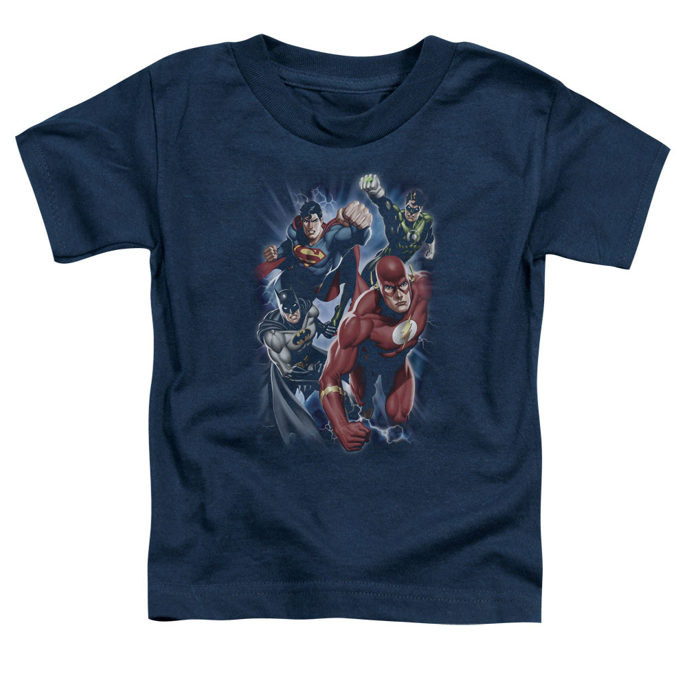Justice League Storm Chasers Toddler Kids Youth T Shirt Navy Blue