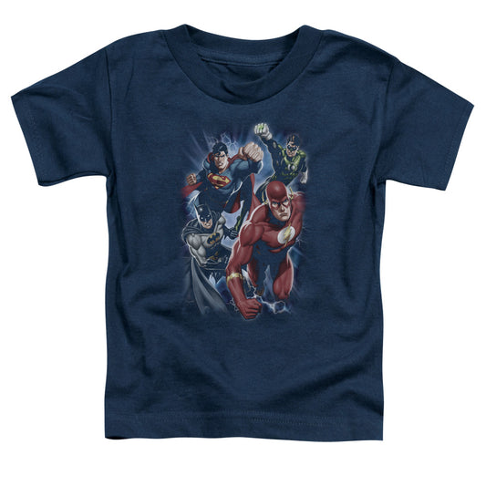 Justice League Storm Chasers Toddler Kids Youth T Shirt Navy Blue