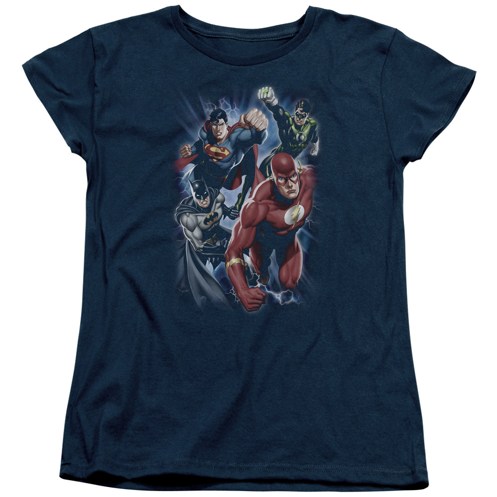 Justice League Storm Chasers Womens T Shirt Navy Blue