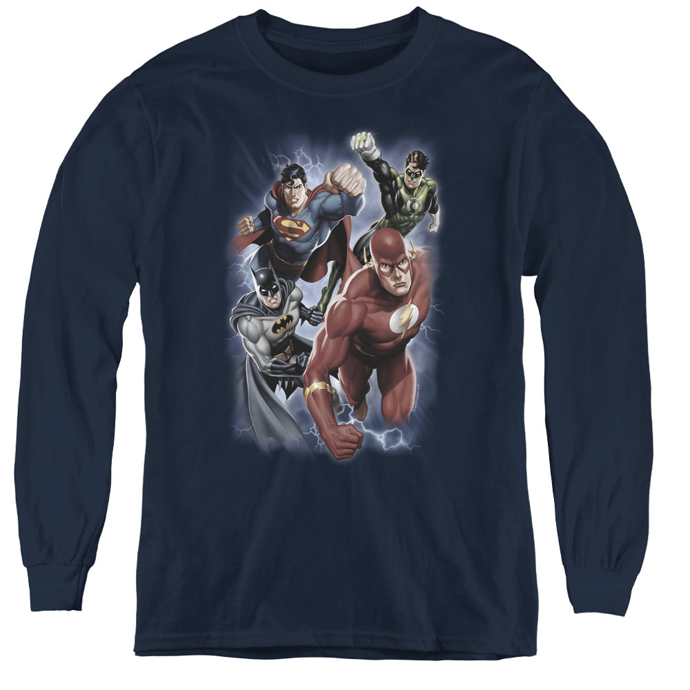Justice League Storm Chasers Long Sleeve Kids Youth T Shirt Navy Blue