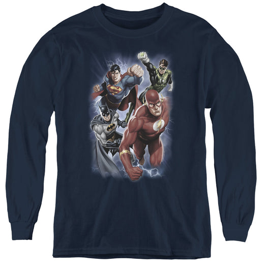 Justice League Storm Chasers Long Sleeve Kids Youth T Shirt Navy Blue