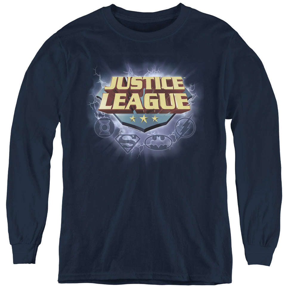 Justice League Storm Logo Long Sleeve Kids Youth T Shirt Navy Blue