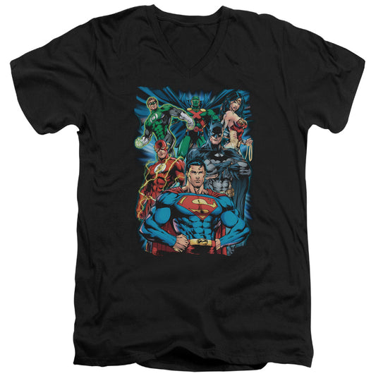 Justice League Justice is Served Mens Slim Fit V-Neck T Shirt Black