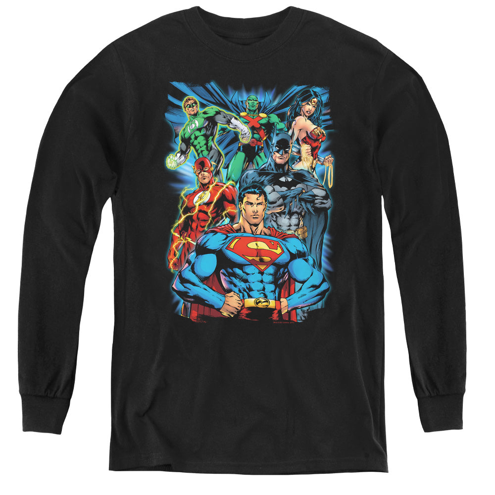 Justice League Justice is Served Long Sleeve Kids Youth T Shirt Black