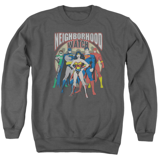 Justice League Neighborhood Watch Mens Crewneck Sweatshirt Charcoal