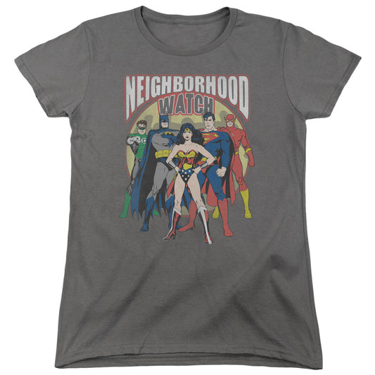 Justice League Neighborhood Watch Womens T Shirt Charcoal