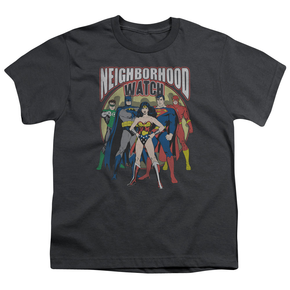 Justice League Neighborhood Watch Kids Youth T Shirt Charcoal