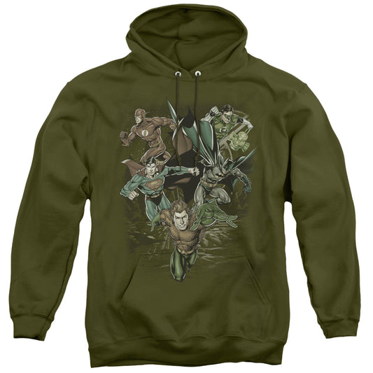 Justice League Spacing Out Mens Hoodie Military Green