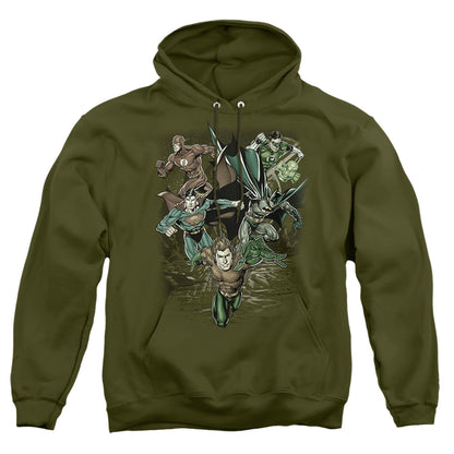 Justice League Of America Spacing Out Mens Hoodie Military Green Officially Licensed