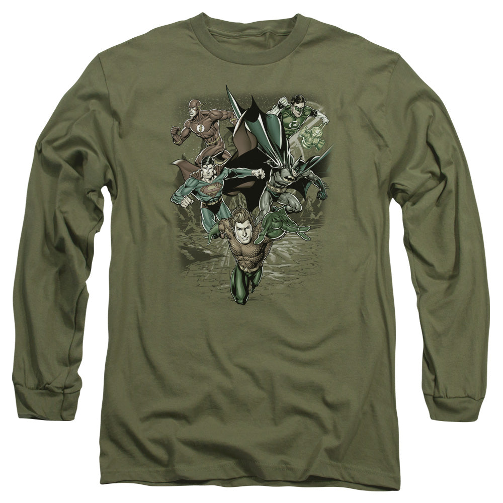 Justice League Spacing Out Mens Long Sleeve Shirt Military Green