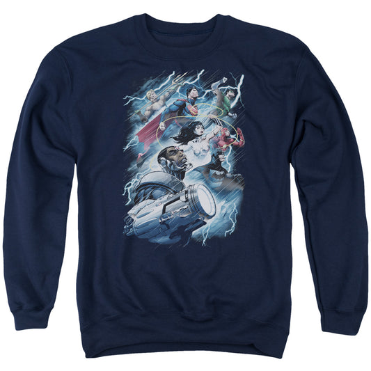 Justice League Ride the Lightening Mens Crewneck Sweatshirt Navy Blue