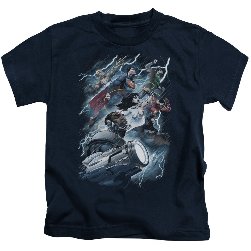 Justice League Ride the Lightening Juvenile Kids Youth T Shirt Navy Blue 