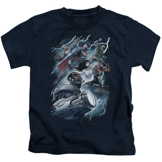Justice League Ride the Lightening Juvenile Kids Youth T Shirt Navy Blue 