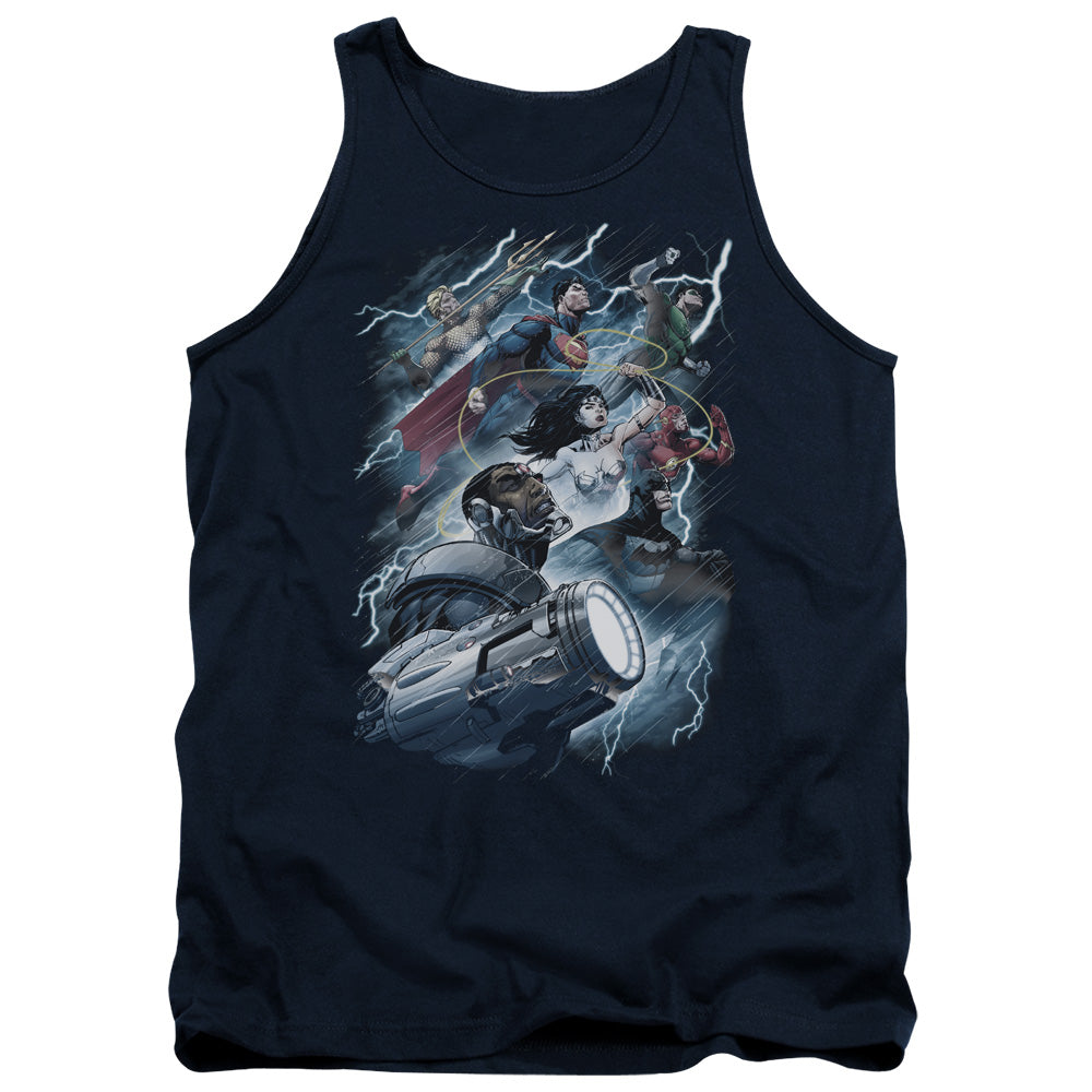 Justice League Ride the Lightening Mens Tank Top Shirt Navy Blue