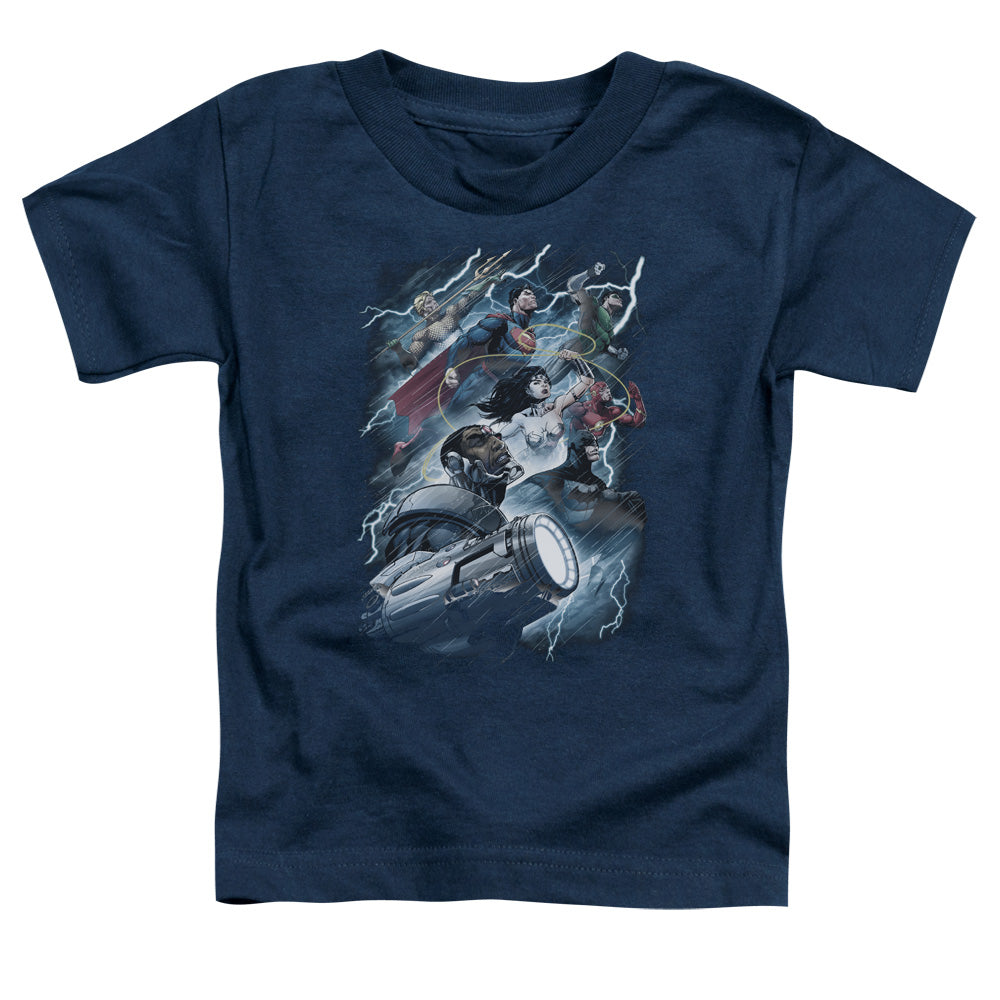 Justice League Ride the Lightening Toddler Kids Youth T Shirt Navy Blue
