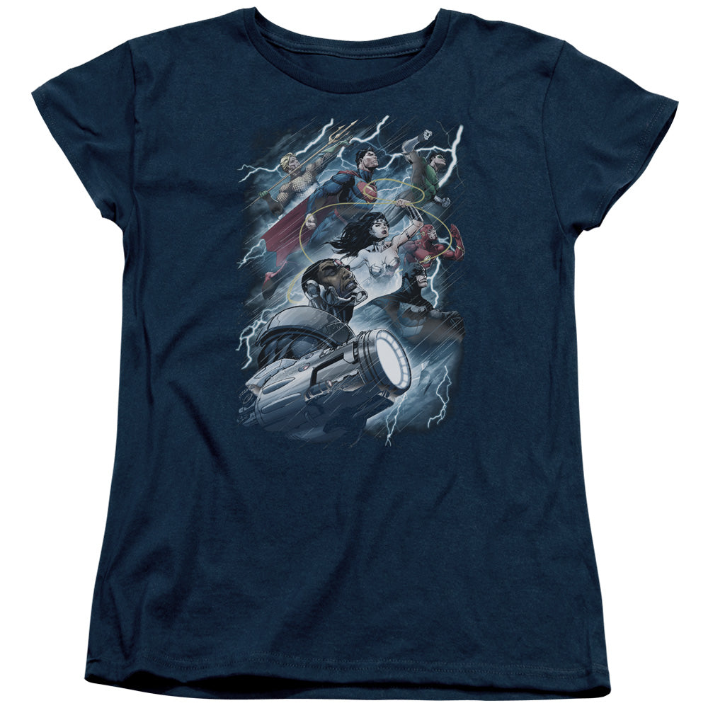 Justice League Ride the Lightening Womens T Shirt Navy Blue