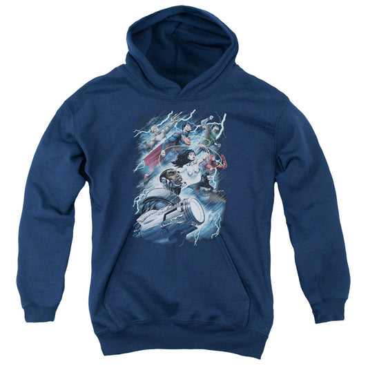 Justice League Ride the Lightening Kids Youth Hoodie Navy Blue