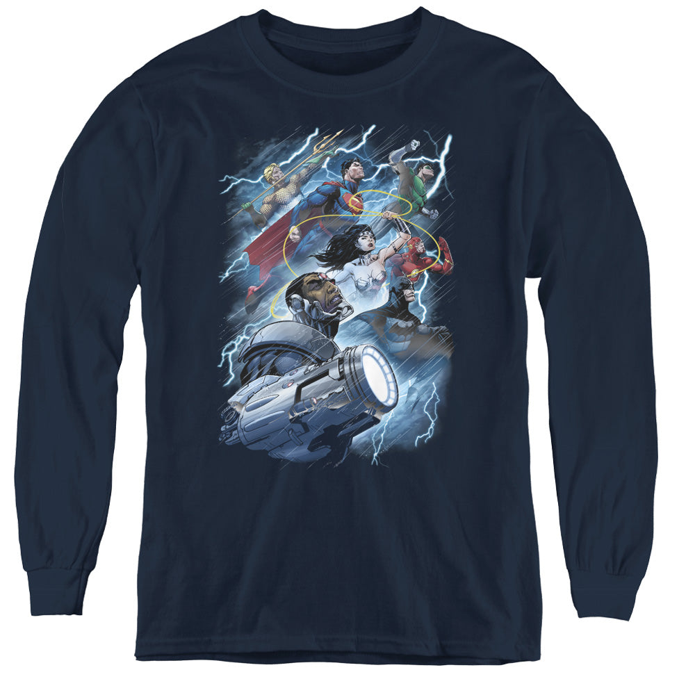 Justice League Ride the Lightening Long Sleeve Kids Youth T Shirt Navy Blue
