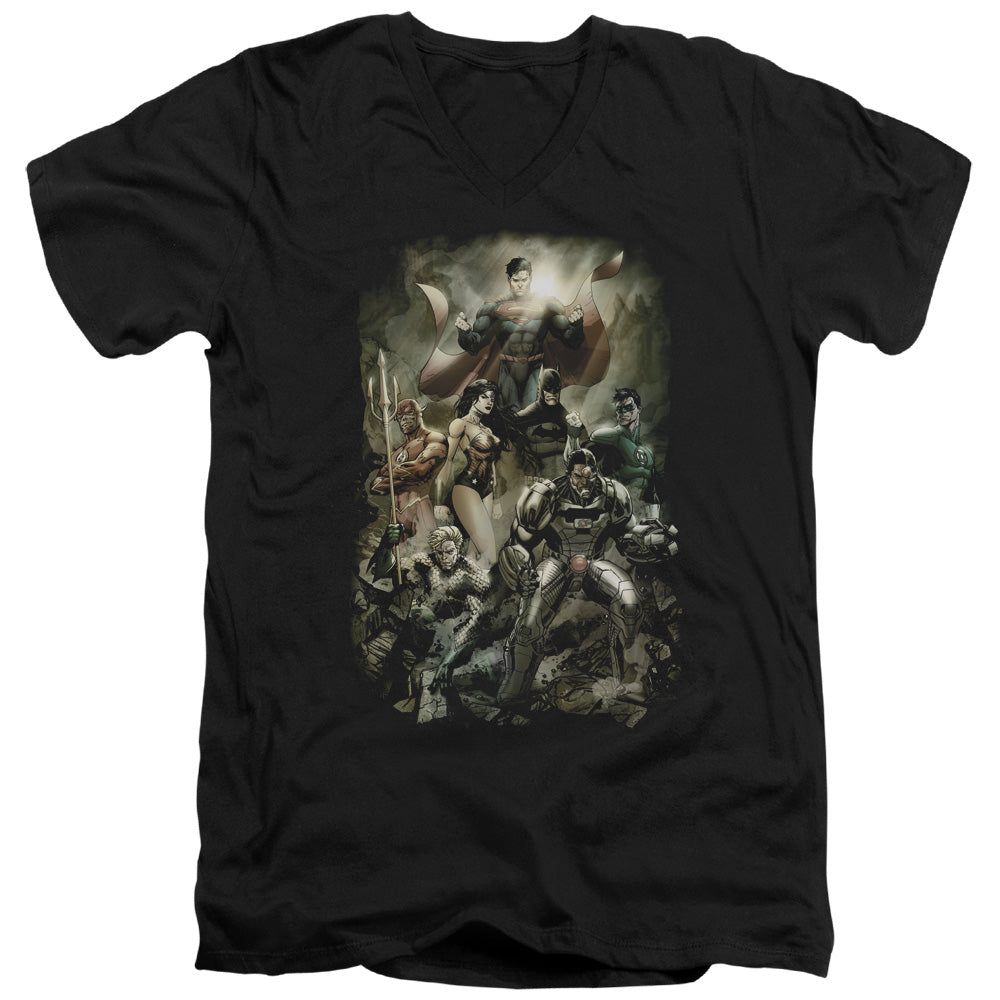 Justice League Aftermath Mens Slim Fit V-Neck T Shirt Black