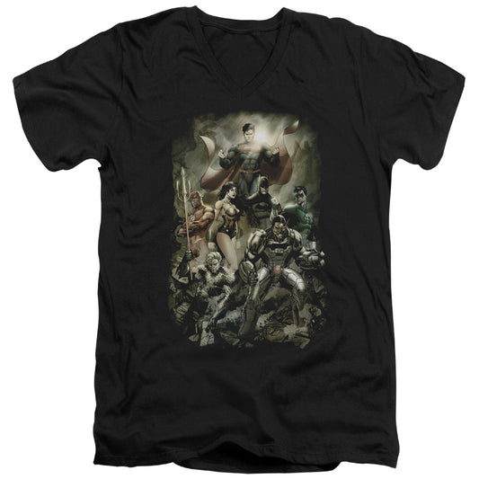 Justice League Aftermath Mens Slim Fit V-Neck T Shirt Black