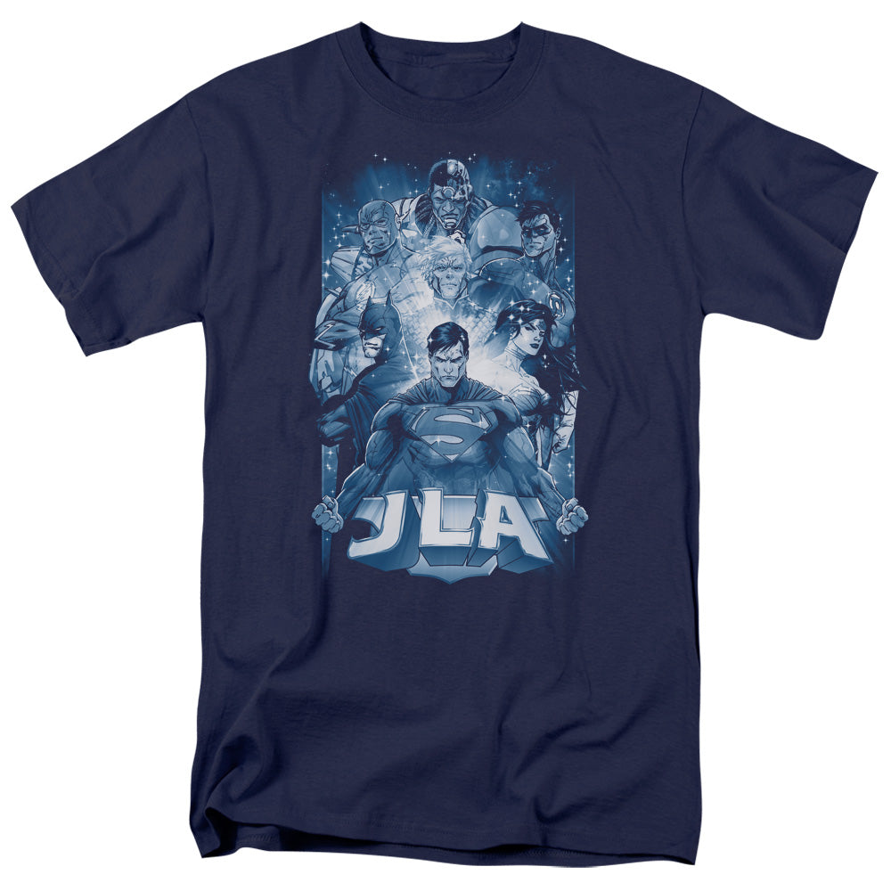 Justice League Burst Mens T Shirt Navy Blue
