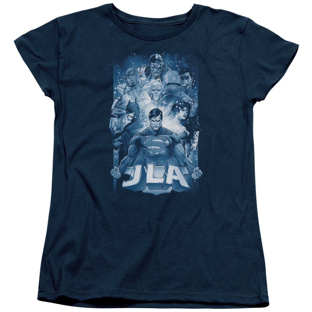 Justice League Burst Womens T Shirt Navy Blue