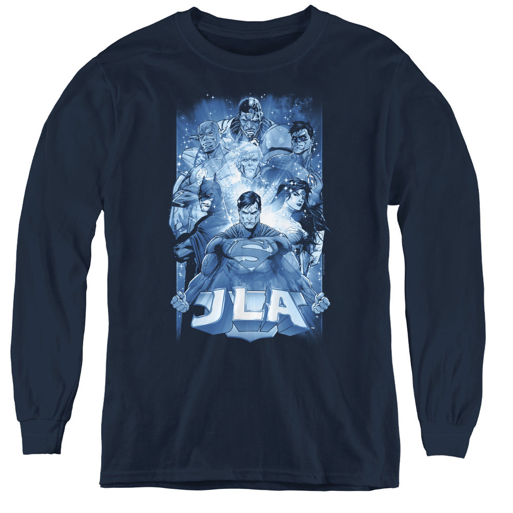 Justice League Burst Long Sleeve Kids Youth T Shirt Navy Blue