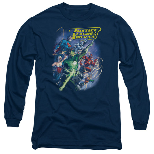 Justice League Onward Mens Long Sleeve Shirt Navy Blue