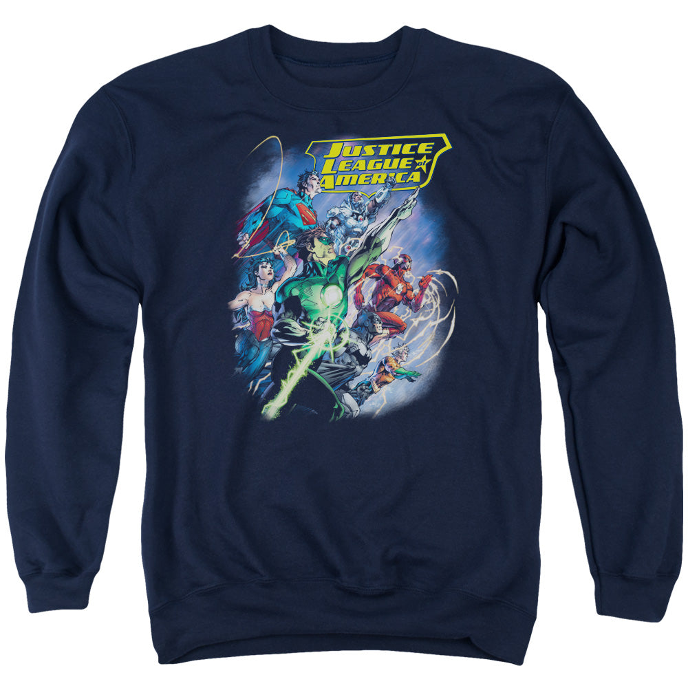 Justice League Onward Mens Crewneck Sweatshirt Navy Blue