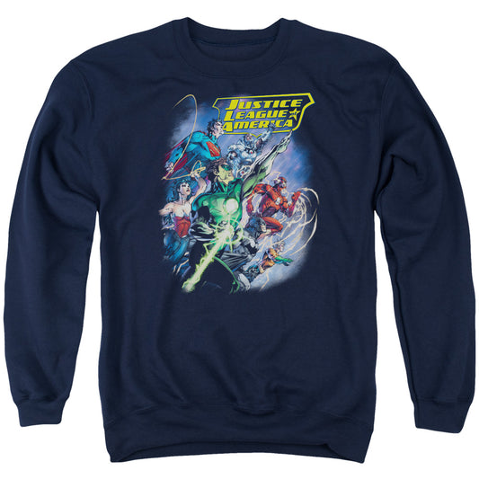 Justice League Onward Mens Crewneck Sweatshirt Navy Blue