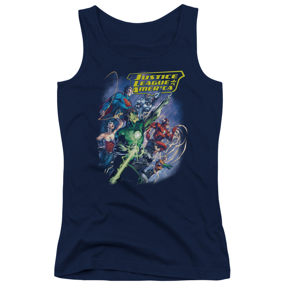 Justice League Onward Womens Tank Top Shirt Navy Blue