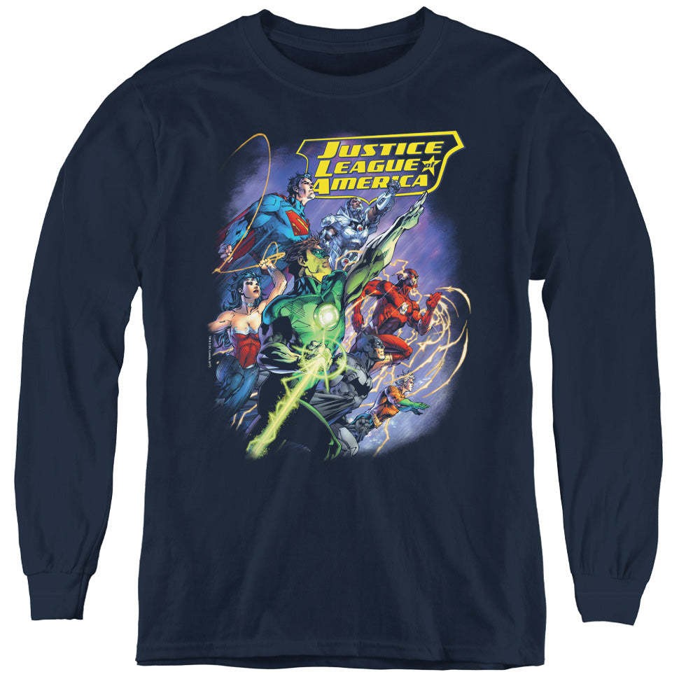 Justice League Onward Long Sleeve Kids Youth T Shirt Navy Blue