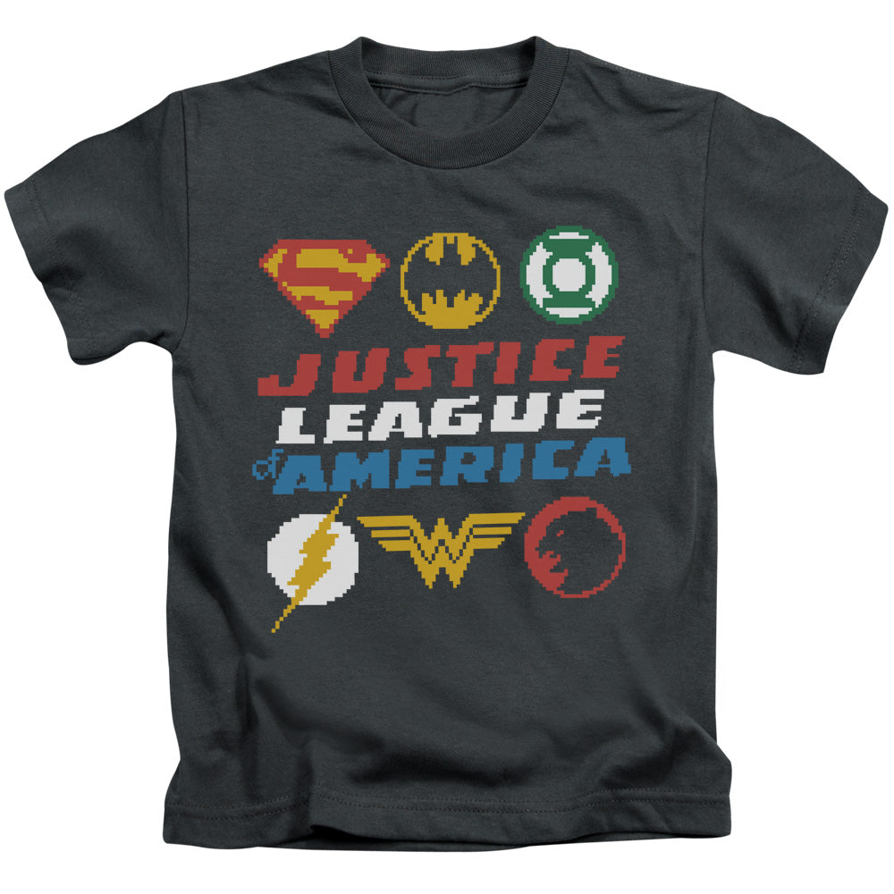Justice League Pixel Logos Juvenile Kids Youth T Shirt Charcoal