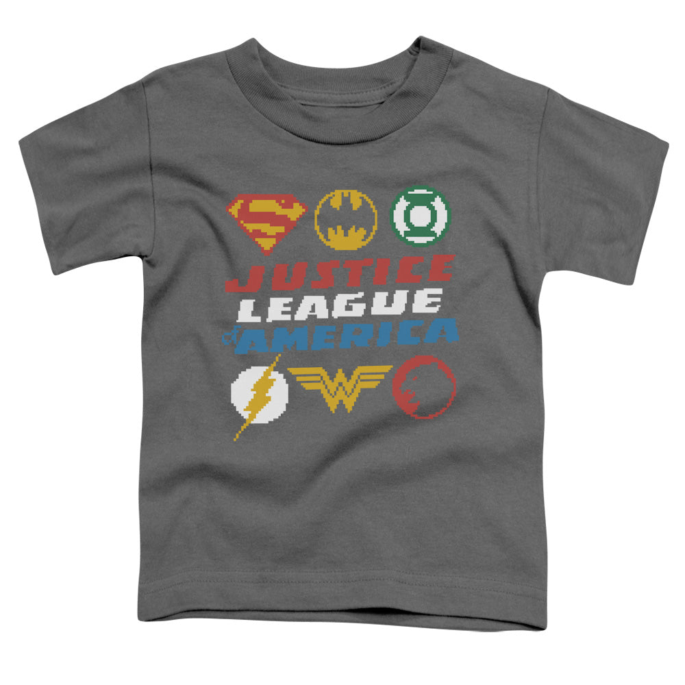 Justice League Pixel Logos Toddler Kids Youth T Shirt Charcoal