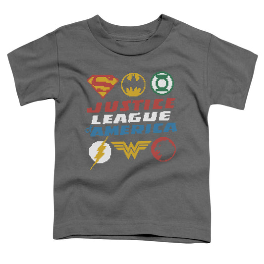 Justice League Pixel Logos Toddler Kids Youth T Shirt Charcoal