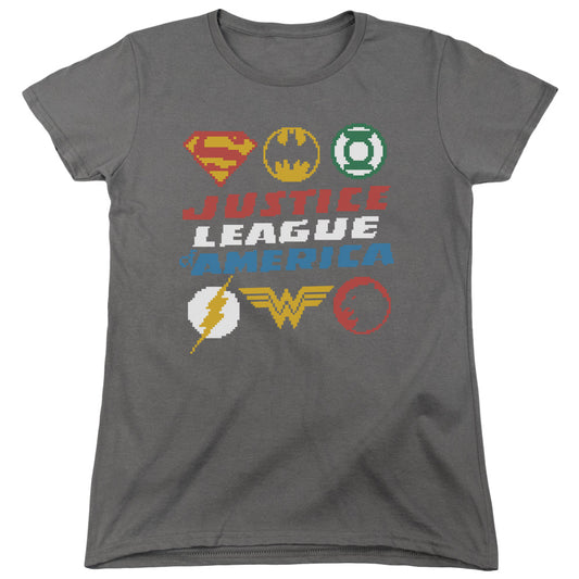 Justice League Pixel Logos Womens T Shirt Charcoal