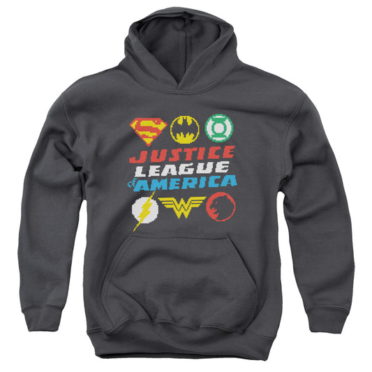 Justice League Pixel Logos Kids Youth Hoodie Charcoal