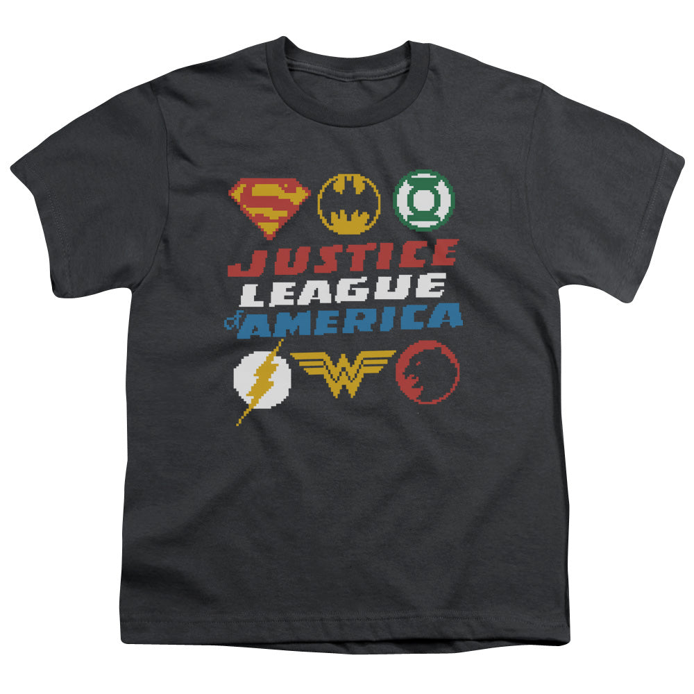 Justice League Pixel Logos Kids Youth T Shirt Charcoal