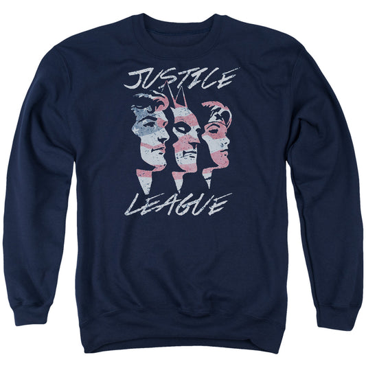 Justice League Justice for America Mens Crewneck Sweatshirt Navy Blue