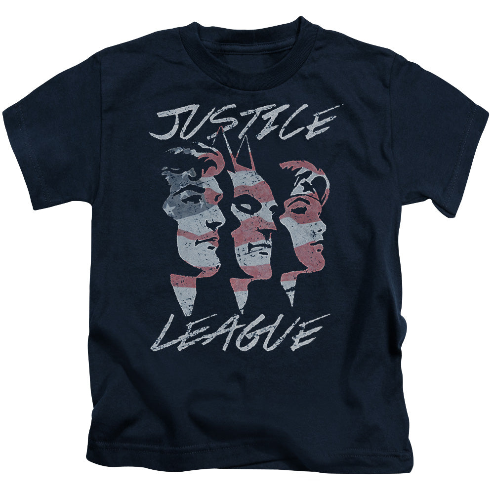 Justice League Justice for America Juvenile Kids Youth T Shirt Navy Blue