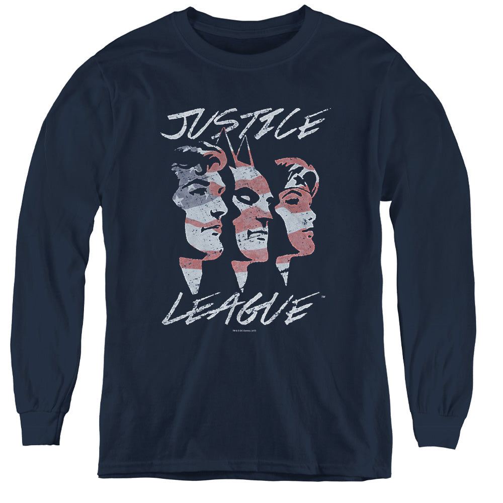 Justice League Justice for America Long Sleeve Kids Youth T Shirt Navy Blue