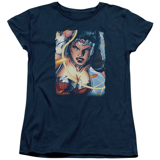 Justice League Scowl Womens T Shirt Navy Blue